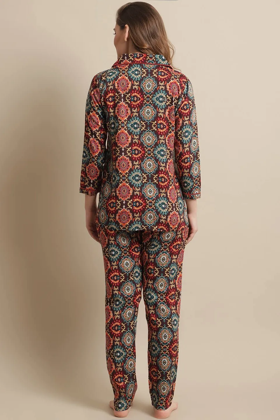 Brown Abstract Printed Viscose Rayon Night Suit for Women | S-XL | Claura