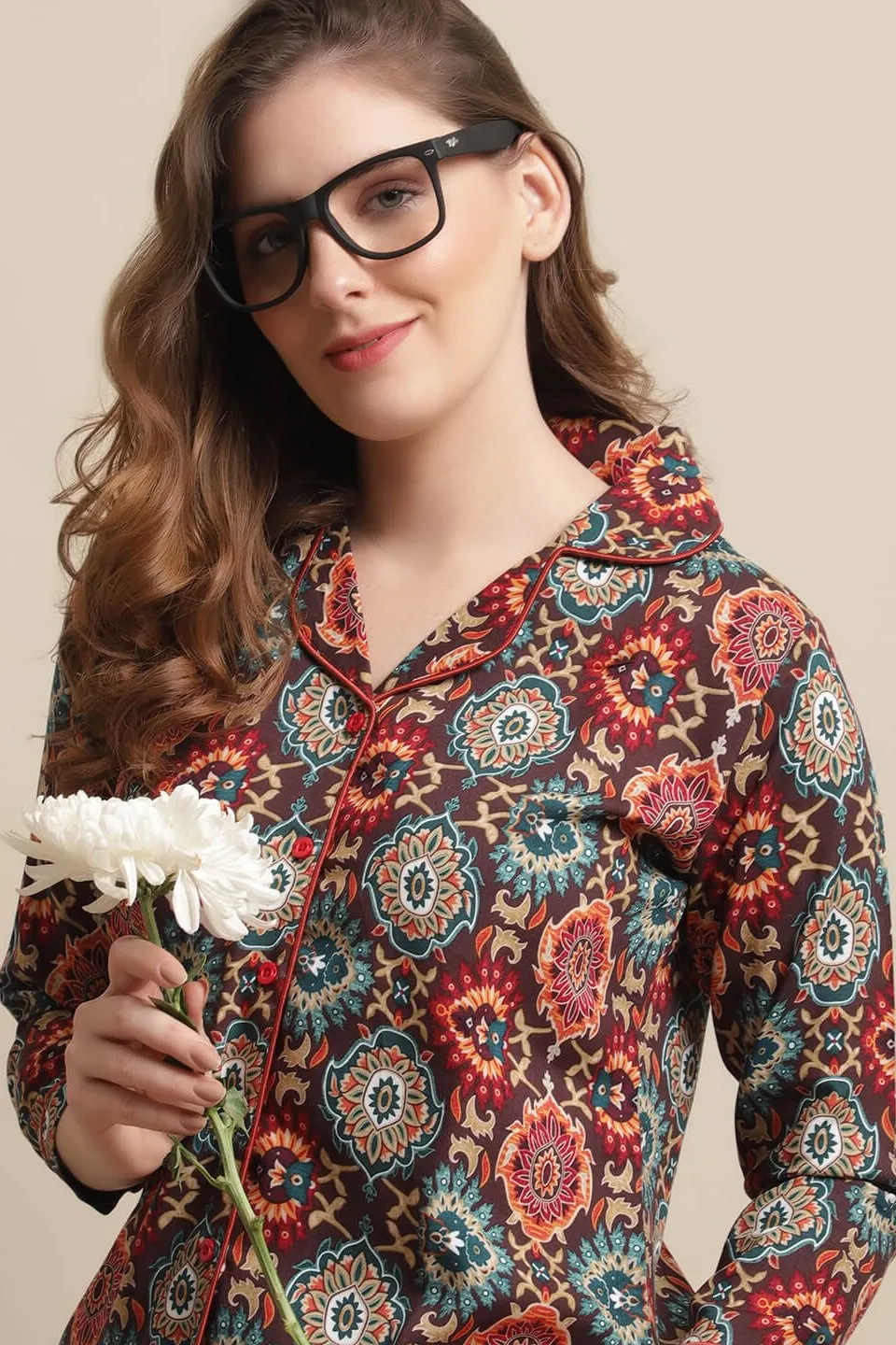 Brown Abstract Printed Viscose Rayon Night Suit for Women | S-XL | Claura