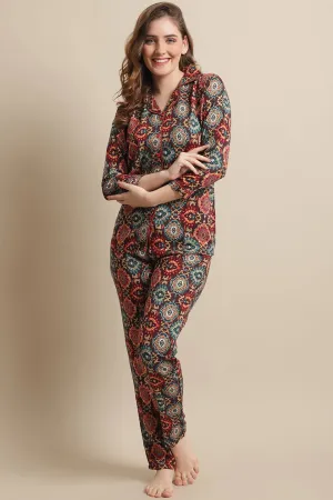 Brown Abstract Printed Viscose Rayon Night Suit for Women | S-XL | Claura