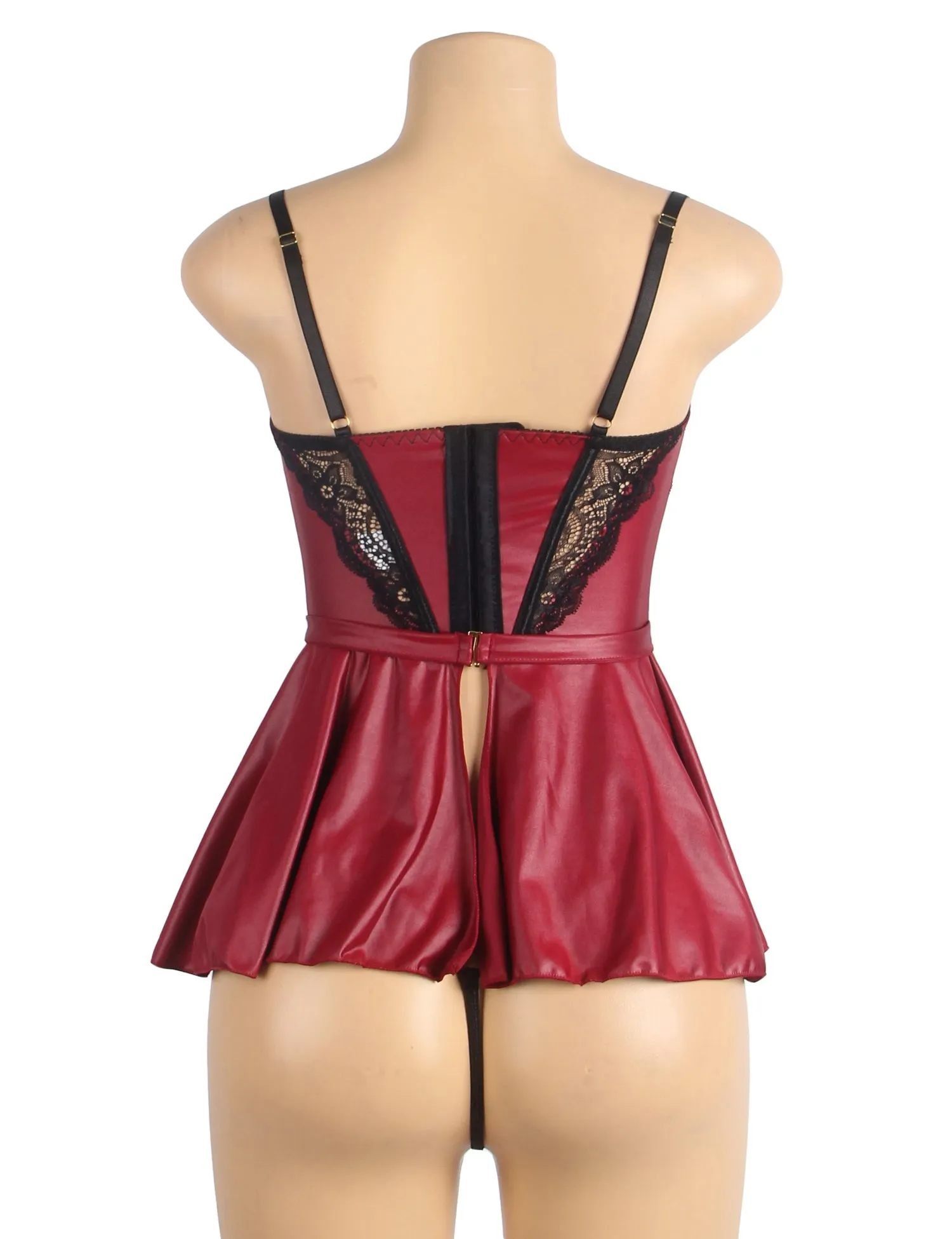 Burgundy Removable Chains Faux Leather Lace Sexy Lingerie