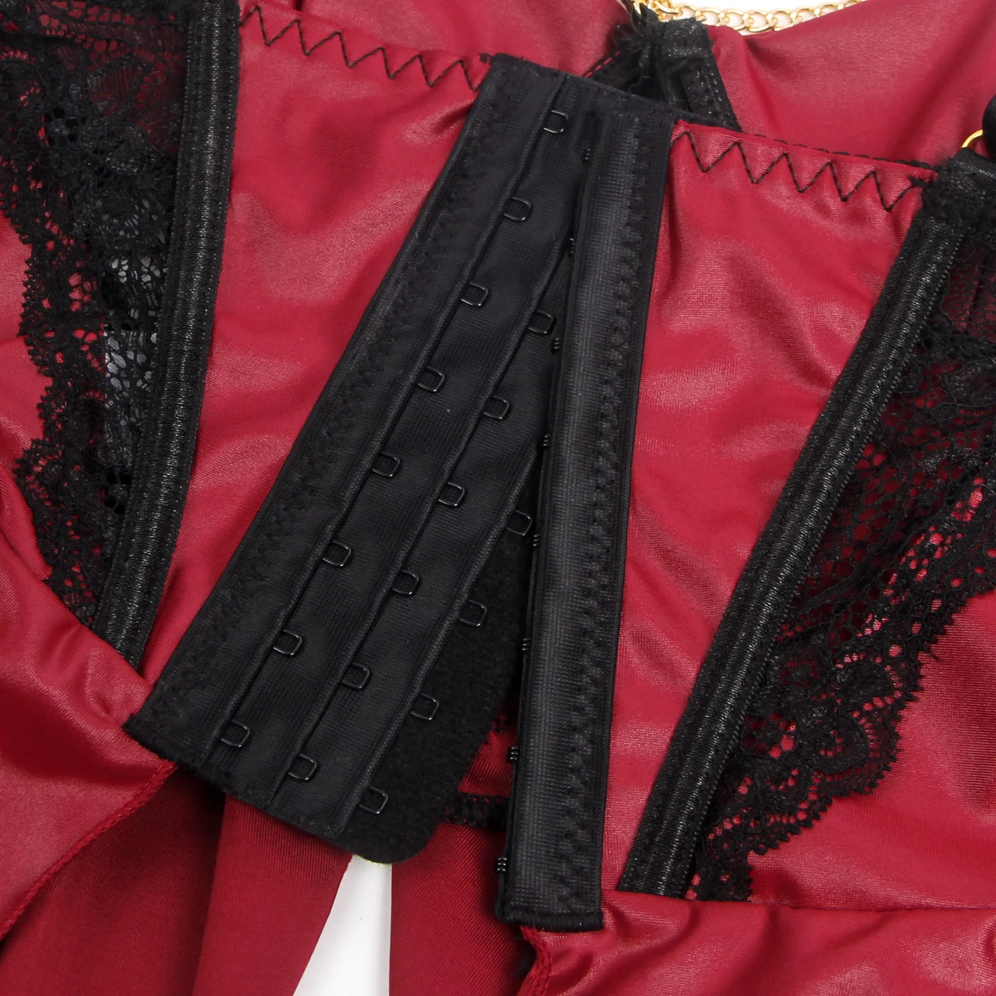 Burgundy Removable Chains Faux Leather Lace Sexy Lingerie