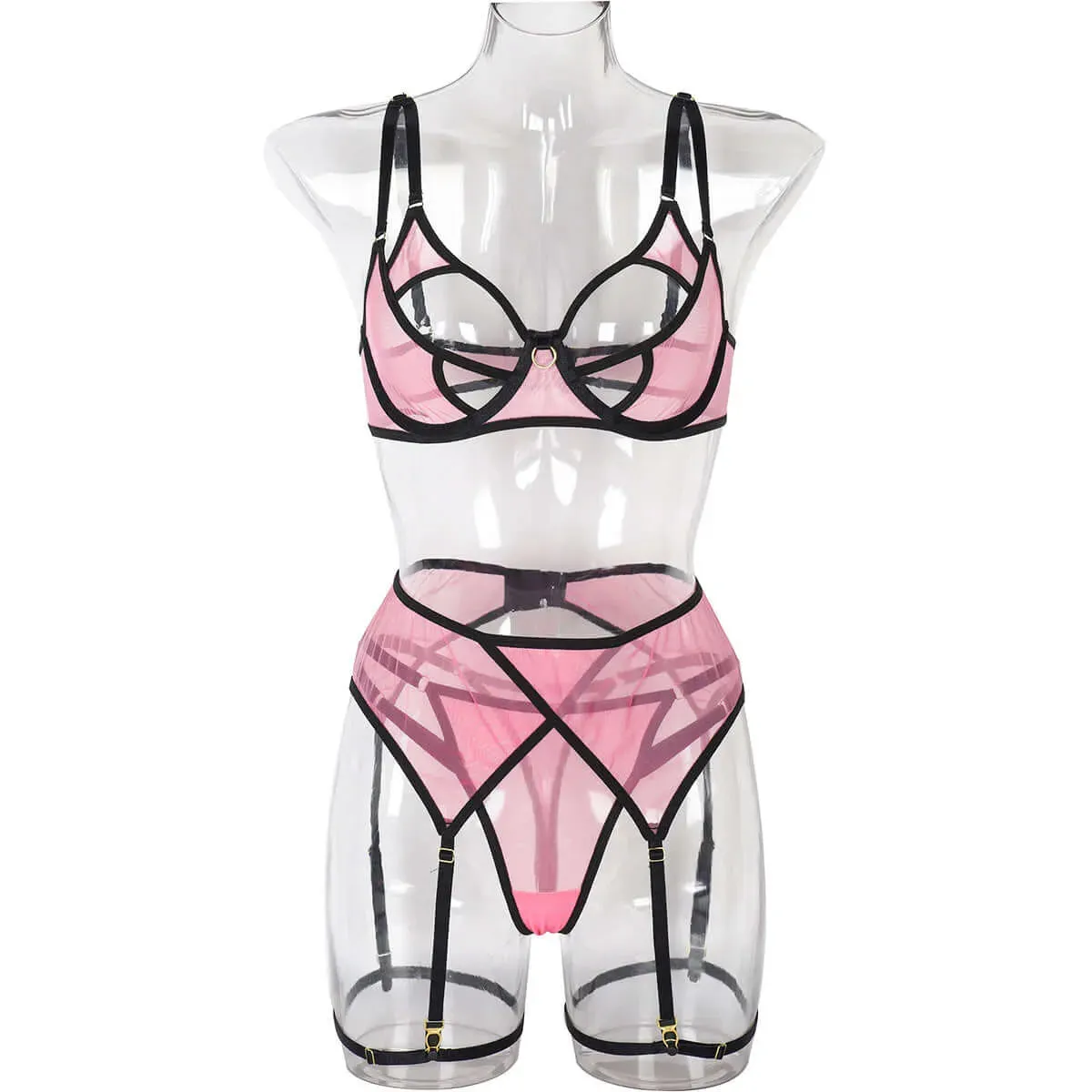 Butterfly Cut Out Color Contrast Three Piece Lingerie Set
