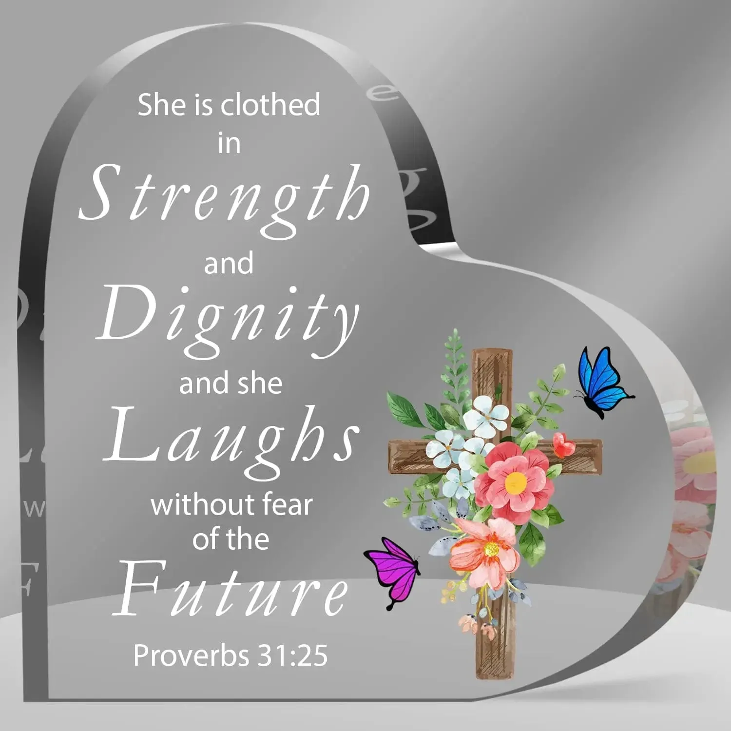 Butterfly Floral Print Acrylic Heart Plaque Bible Verse Inspirational Strong Courageous Present for Lady Women Bedroom Decor