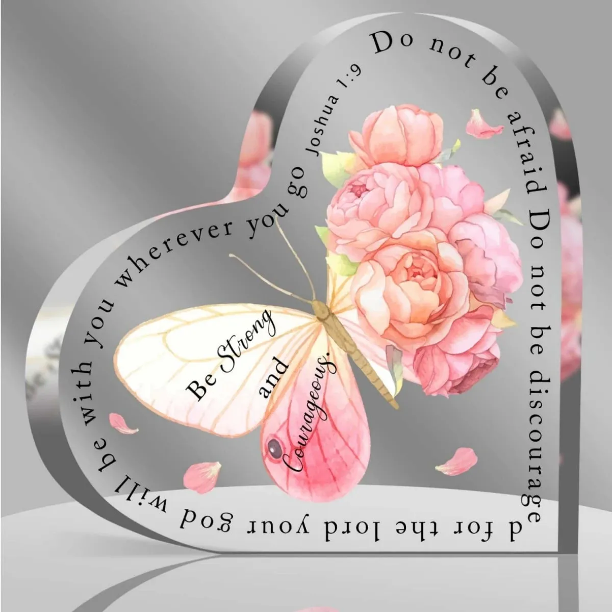 Butterfly Floral Print Acrylic Heart Plaque Bible Verse Inspirational Strong Courageous Present for Lady Women Bedroom Decor