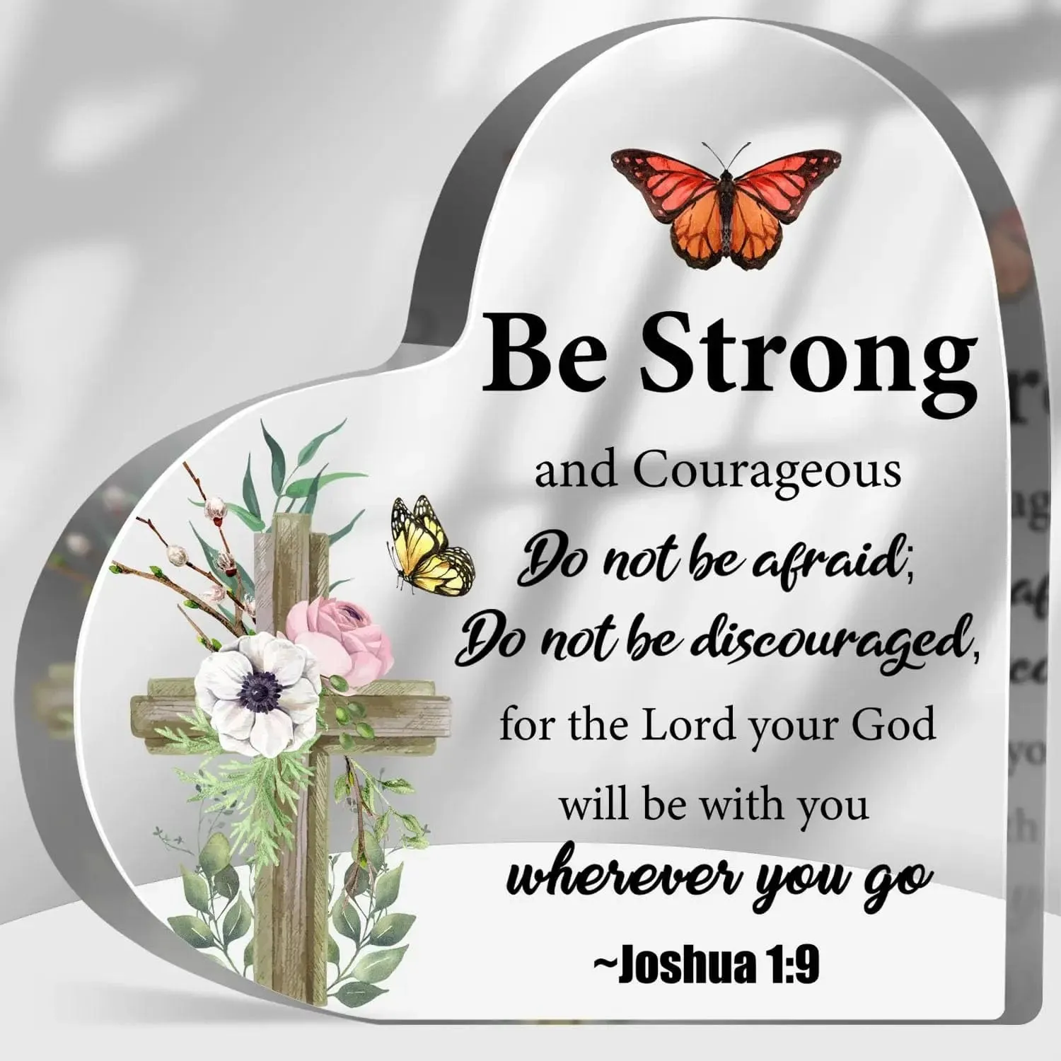 Butterfly Floral Print Acrylic Heart Plaque Bible Verse Inspirational Strong Courageous Present for Lady Women Bedroom Decor