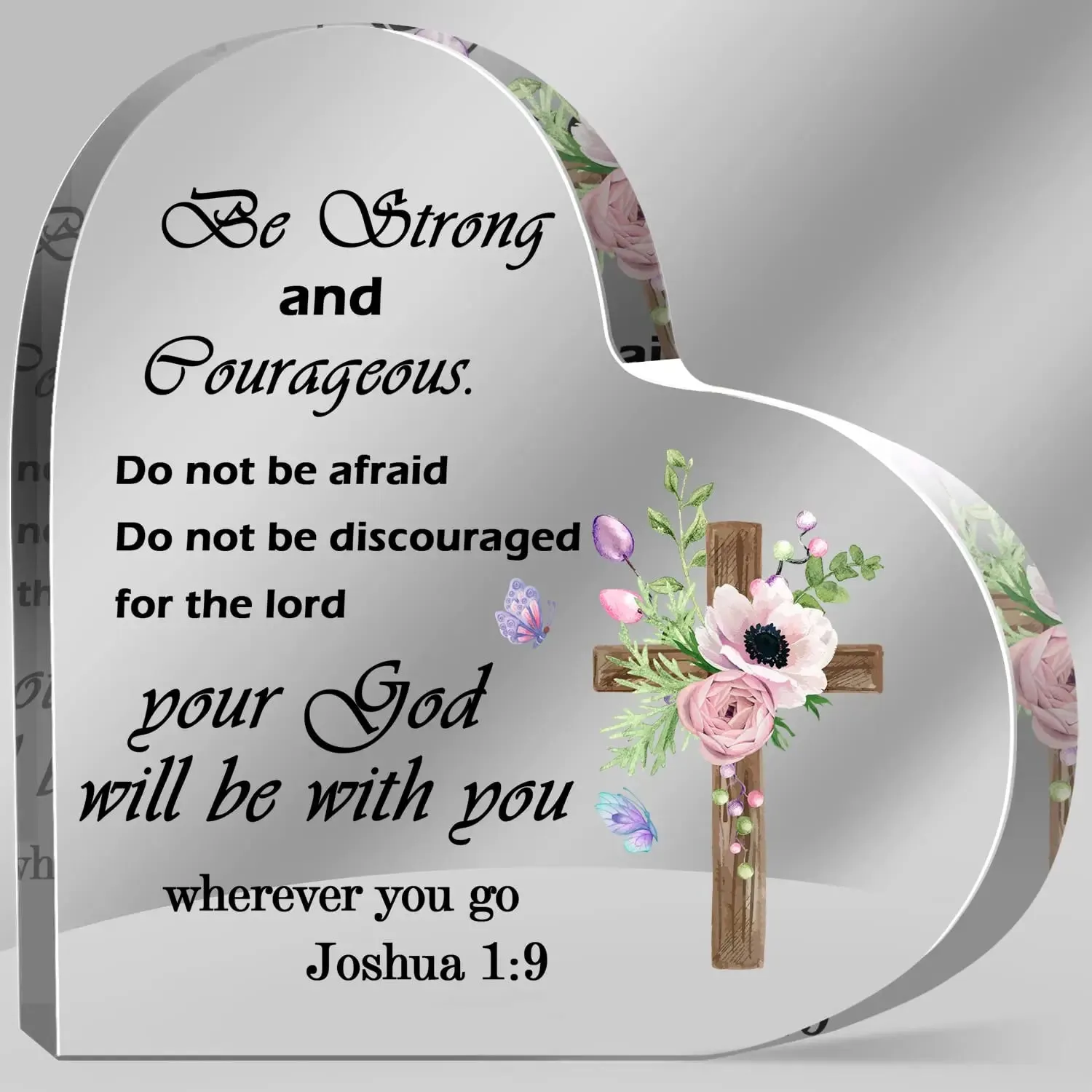 Butterfly Floral Print Acrylic Heart Plaque Bible Verse Inspirational Strong Courageous Present for Lady Women Bedroom Decor