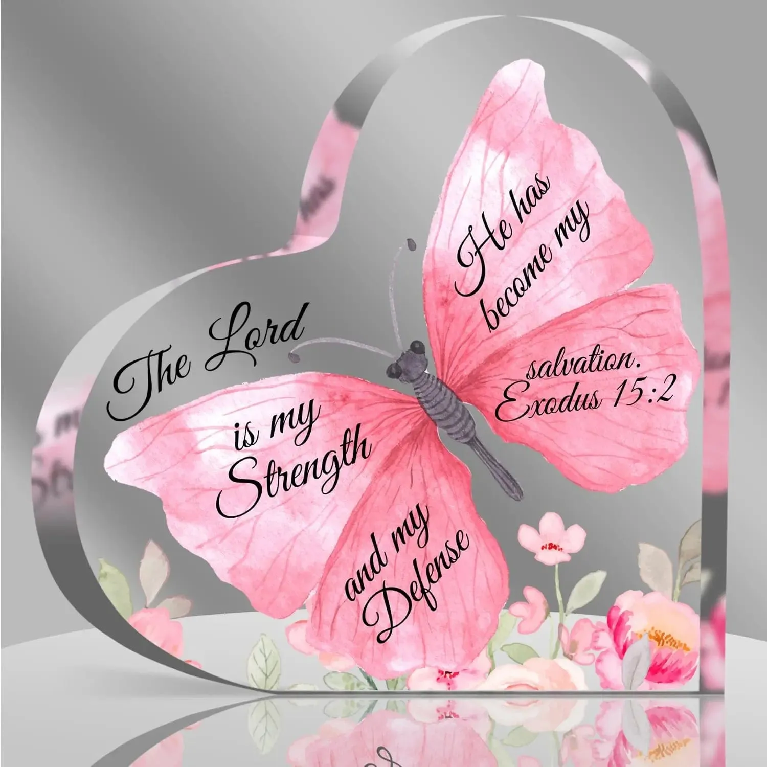 Butterfly Floral Print Acrylic Heart Plaque Bible Verse Inspirational Strong Courageous Present for Lady Women Bedroom Decor