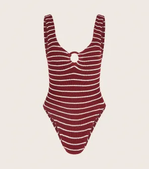 Celine Swim With Tonal Hoops - Wine/White Stripe
