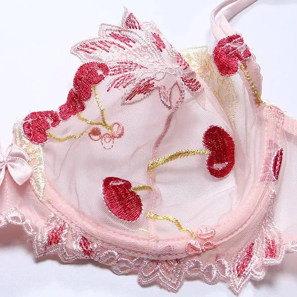 Cherry Kawaii Lingerie Set Sweet Embroidered Chiffon Lace Bra & Panties