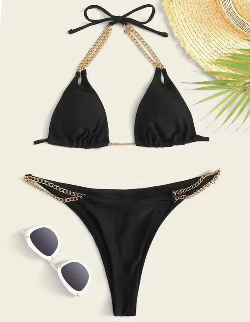 CHLOE 2 Gold Chain Halter Bikini