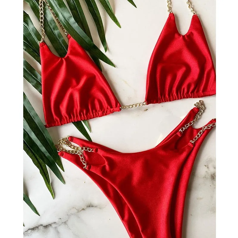 CHLOE 2 Gold Chain Halter Bikini