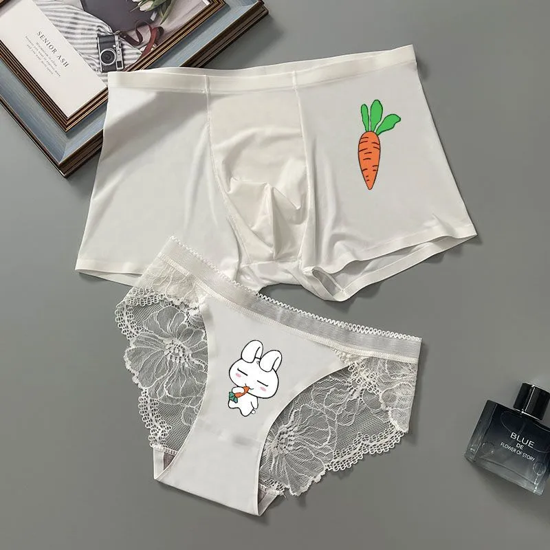 (*Choose Men & Women sizes SEPERATELY- WEBSITE's PRICE IS NOT OF A PAIR) Gift for Girlfriend & BoyfriendPanteazy's White Printed Couple Lingerie Soft Silky Handfeel- Brief & Panty.