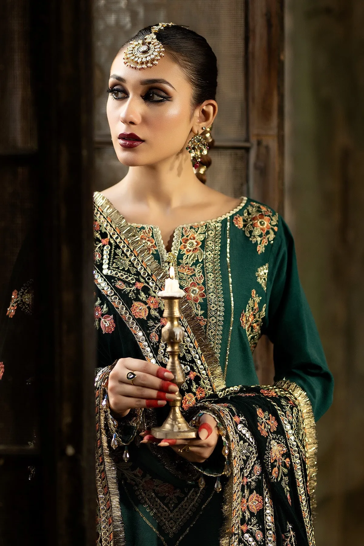 Classic Dark Green Embroidered Pakistani Wedding Dress Shawl Frock