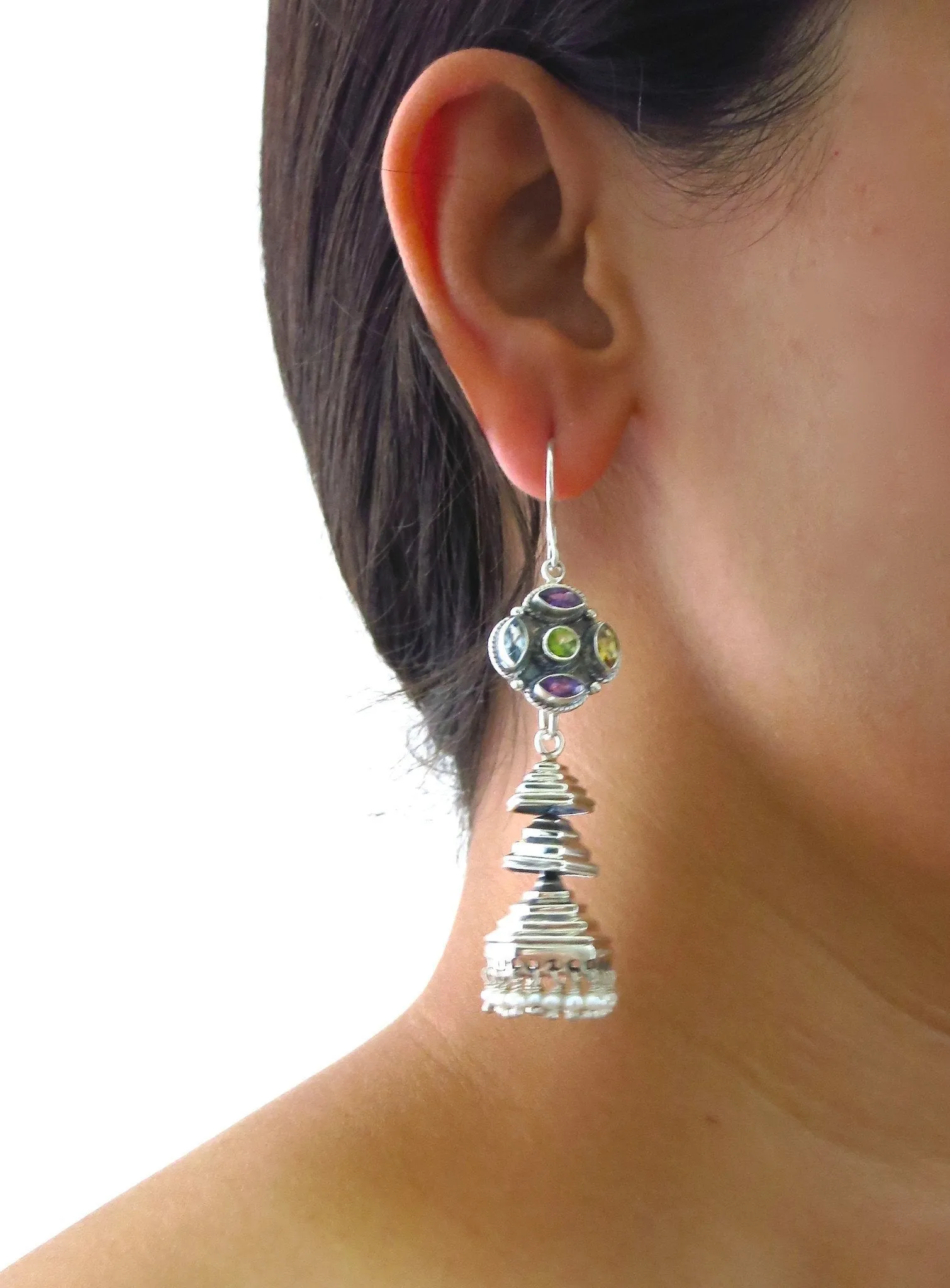 Contemporary, detachable, tiered jhumkas with multi-color gemstone tops