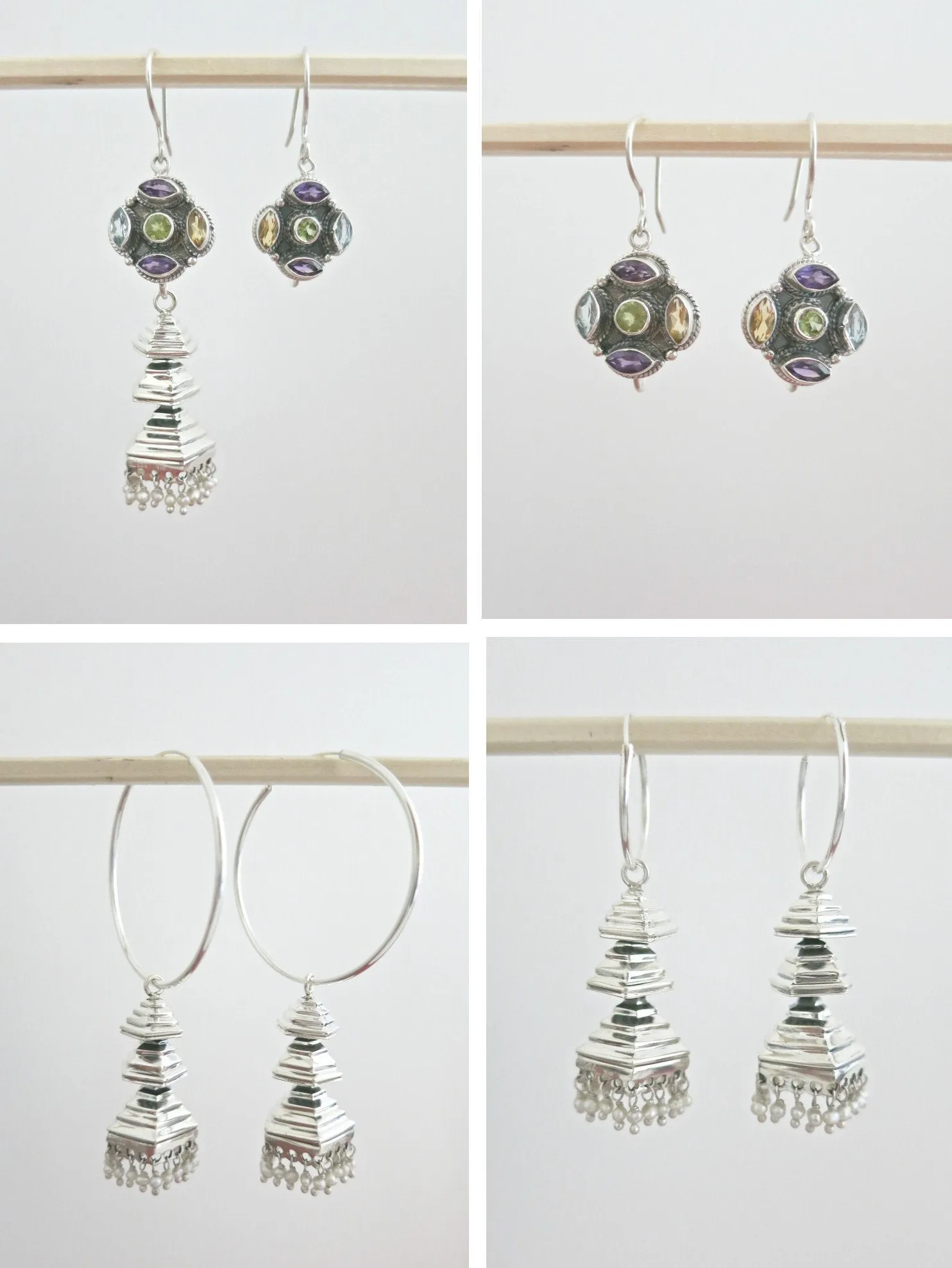 Contemporary, detachable, tiered jhumkas with multi-color gemstone tops