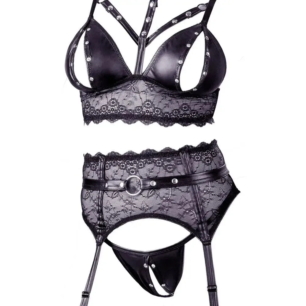 Cottelli Black Bondage Lace Set with Adjustable Suspender Straps