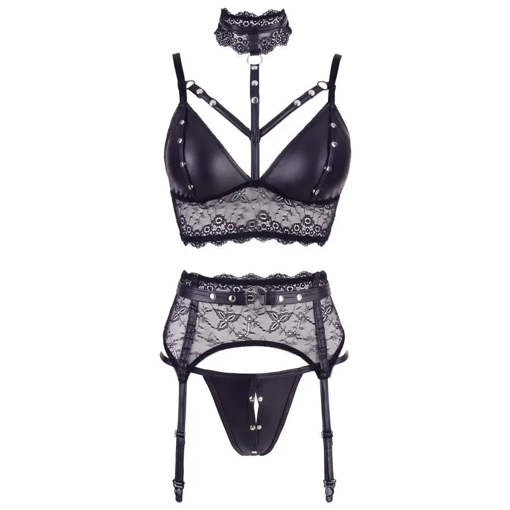 Cottelli Black Bondage Lace Set with Adjustable Suspender Straps
