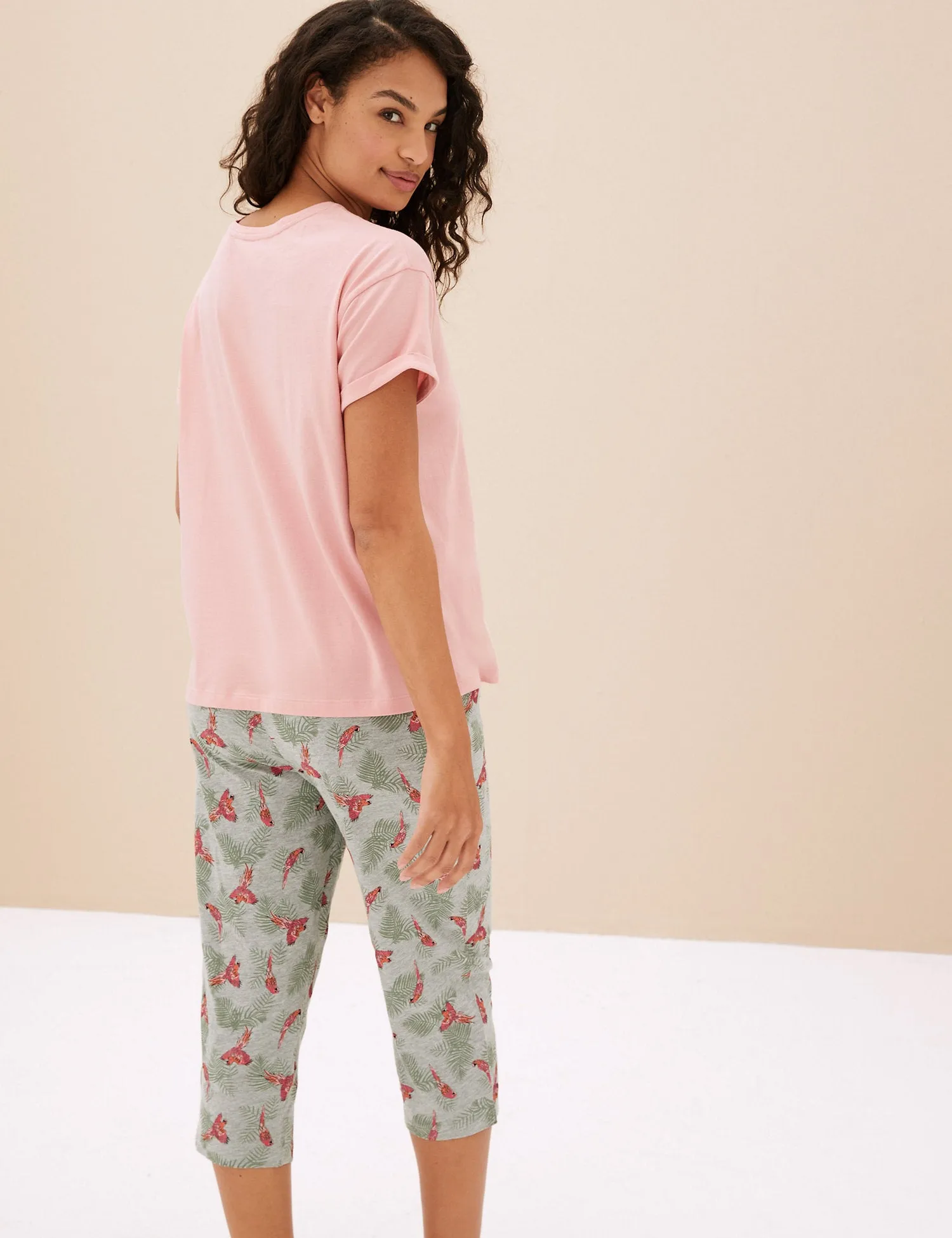 Cotton Rich Parrot Print Cropped Pyjama Set