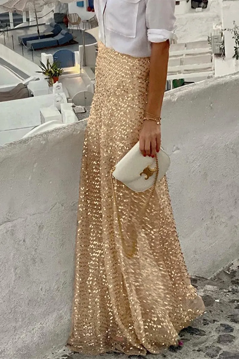 Creamtopmall Elegant Solid Sequins Sequined High Waist Solid Color Bottoms
