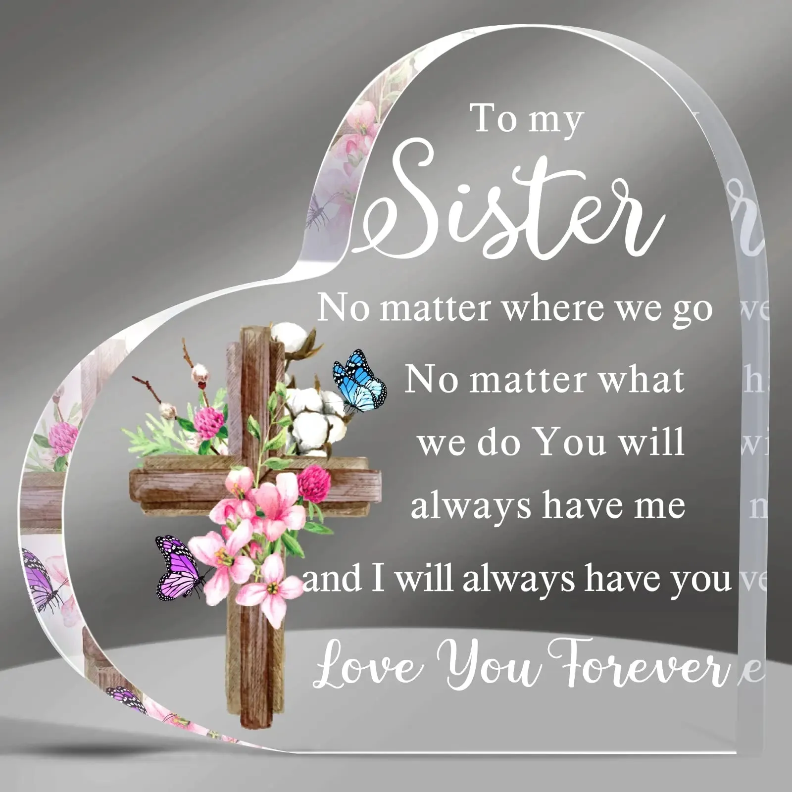 Cross Flower Butterfly Print Acrylic Heart Plaque Christian Spiritual Gift for Bestie Mom Friend Keepsake Table Desk Decoration