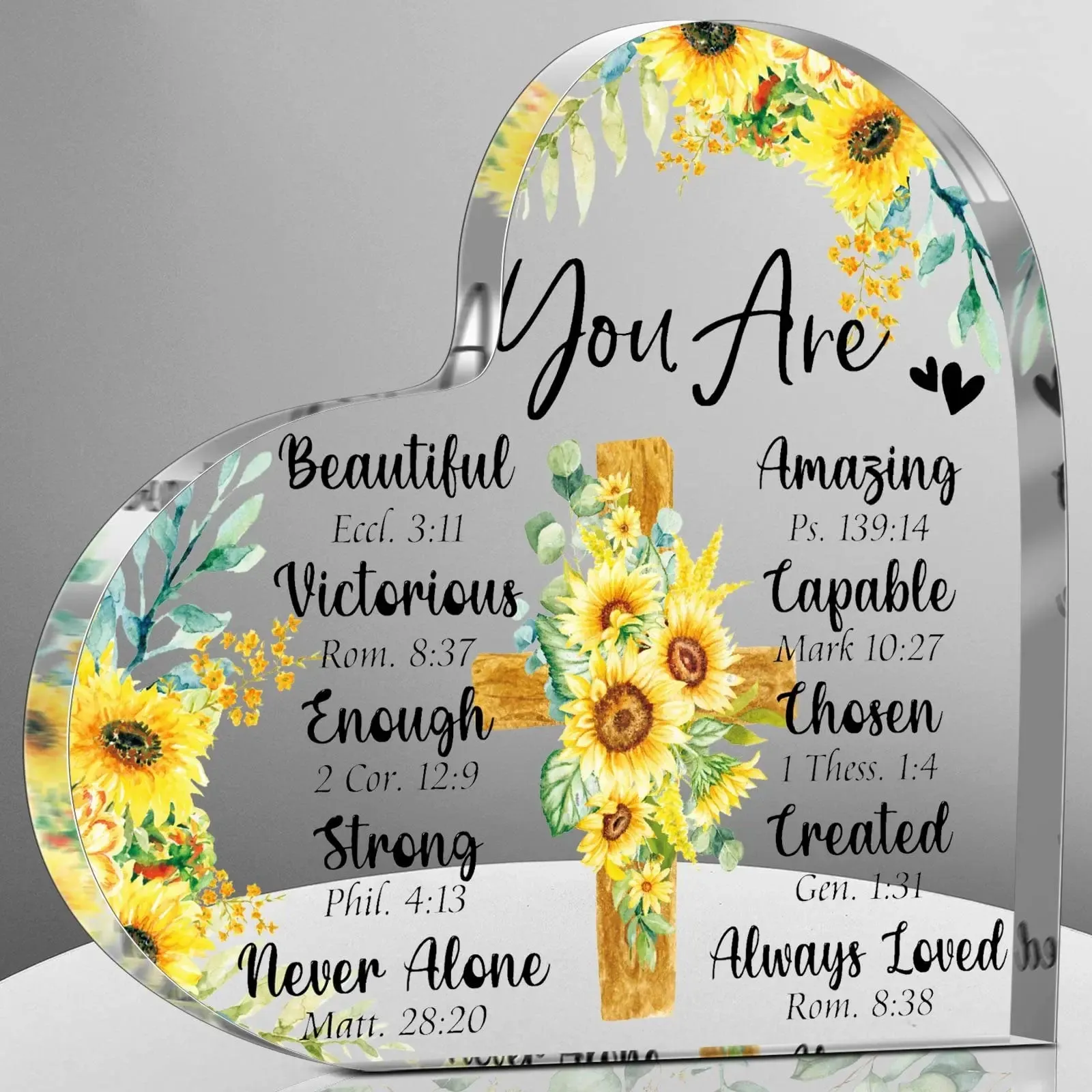 Cross Flower Butterfly Print Acrylic Heart Plaque Christian Spiritual Gift for Bestie Mom Friend Keepsake Table Desk Decoration