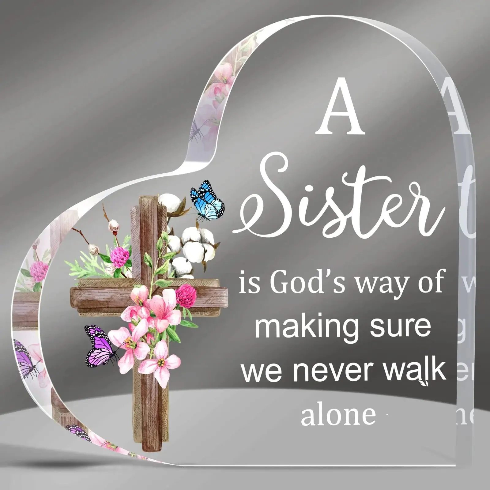 Cross Flower Butterfly Print Acrylic Heart Plaque Christian Spiritual Gift for Bestie Mom Friend Keepsake Table Desk Decoration
