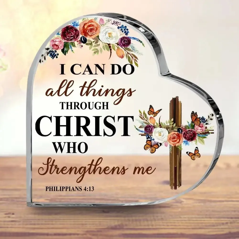 Cross Flower Butterfly Print Acrylic Heart Plaque Christian Spiritual Gift for Bestie Mom Friend Keepsake Table Desk Decoration