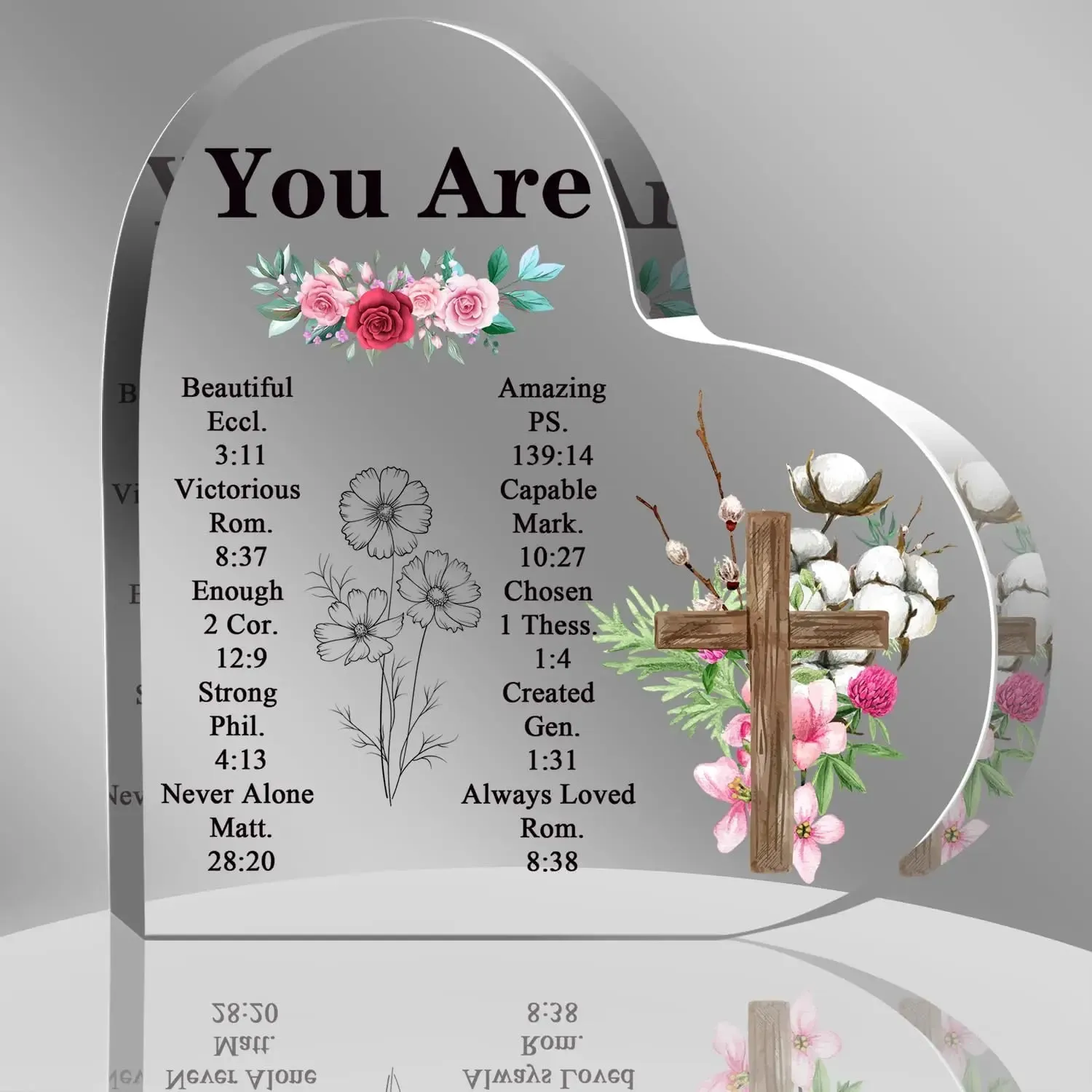 Cross Flower Butterfly Print Acrylic Heart Plaque Christian Spiritual Gift for Bestie Mom Friend Keepsake Table Desk Decoration