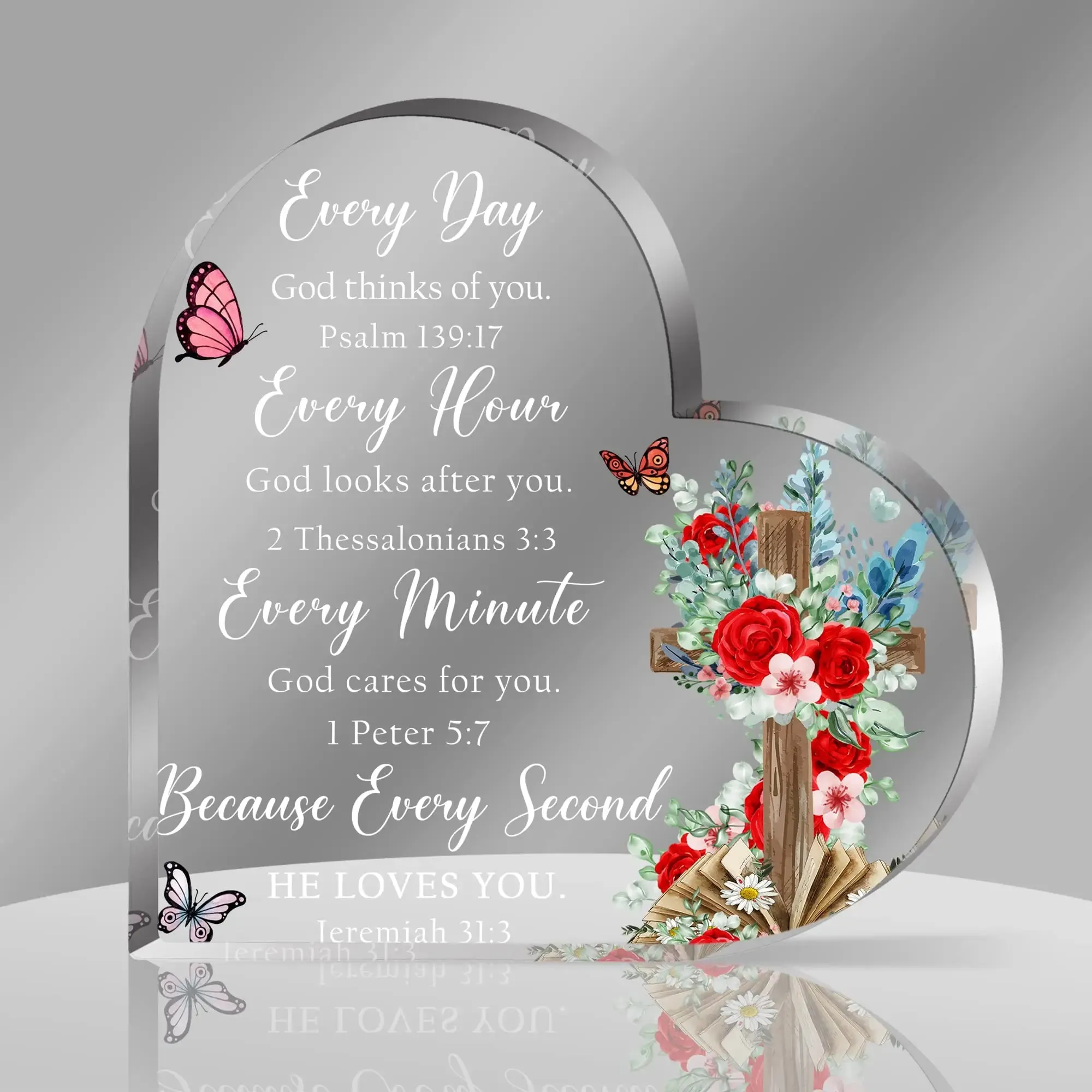 Cross Flower Butterfly Print Acrylic Heart Plaque Christian Spiritual Gift for Bestie Mom Friend Keepsake Table Desk Decoration