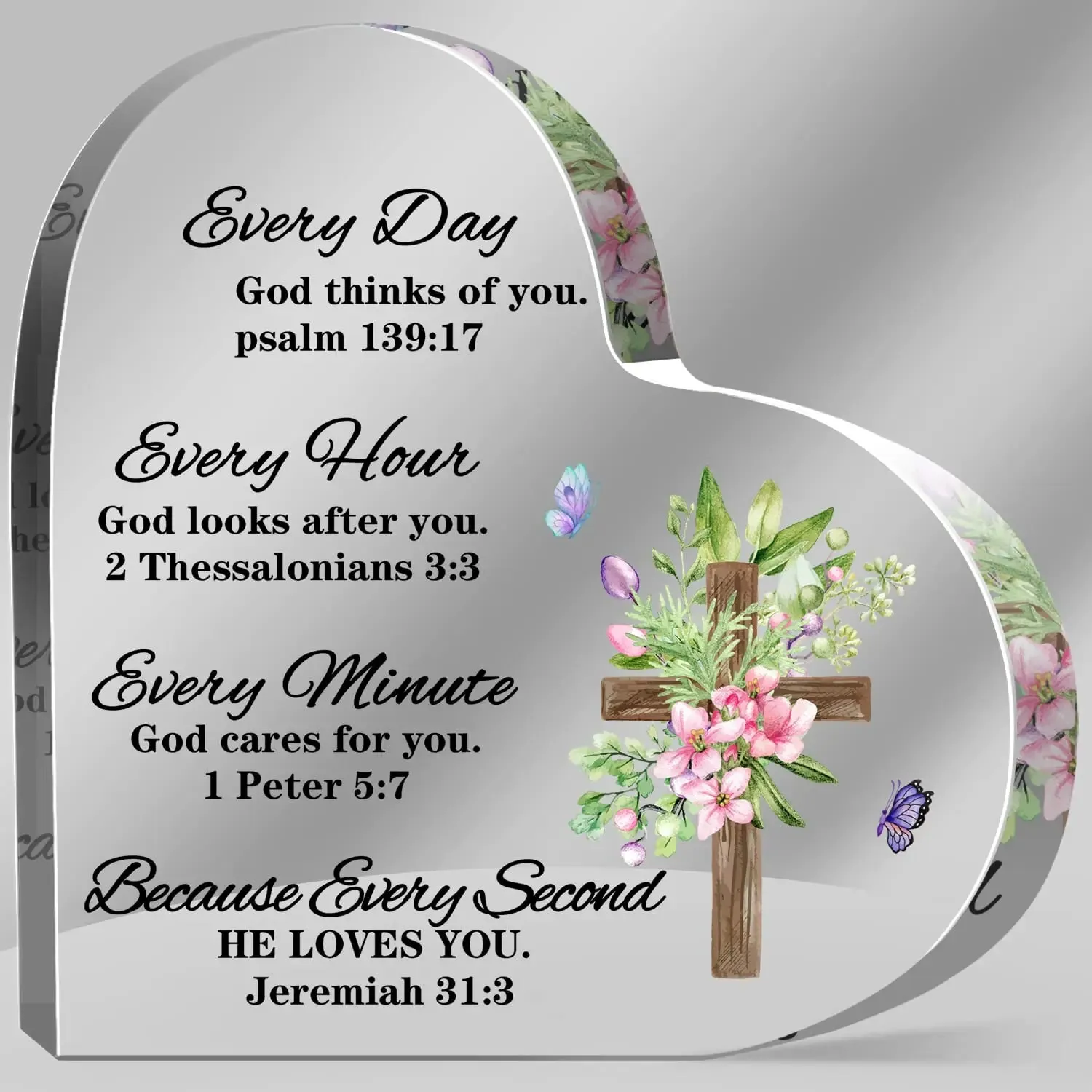 Cross Flower Butterfly Print Acrylic Heart Plaque Christian Spiritual Gift for Bestie Mom Friend Keepsake Table Desk Decoration