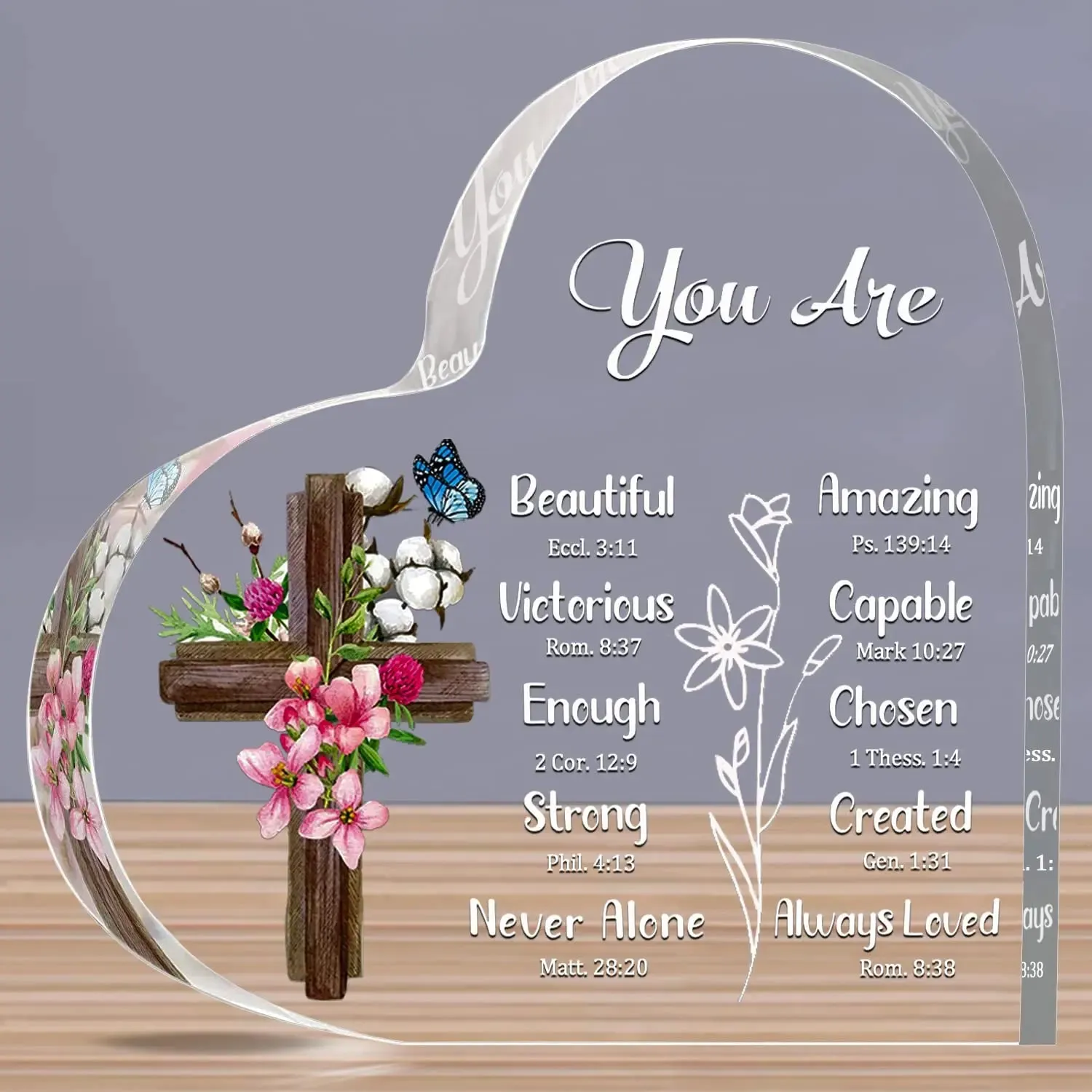 Cross Flower Butterfly Print Acrylic Heart Plaque Christian Spiritual Gift for Bestie Mom Friend Keepsake Table Desk Decoration