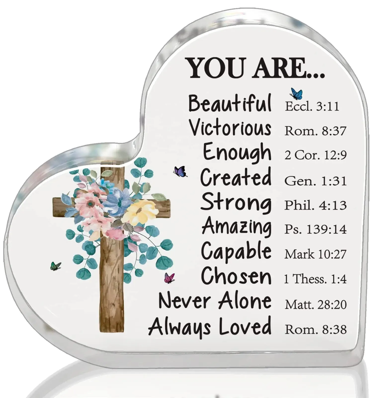 Cross Flower Butterfly Print Acrylic Heart Plaque Christian Spiritual Gift for Bestie Mom Friend Keepsake Table Desk Decoration