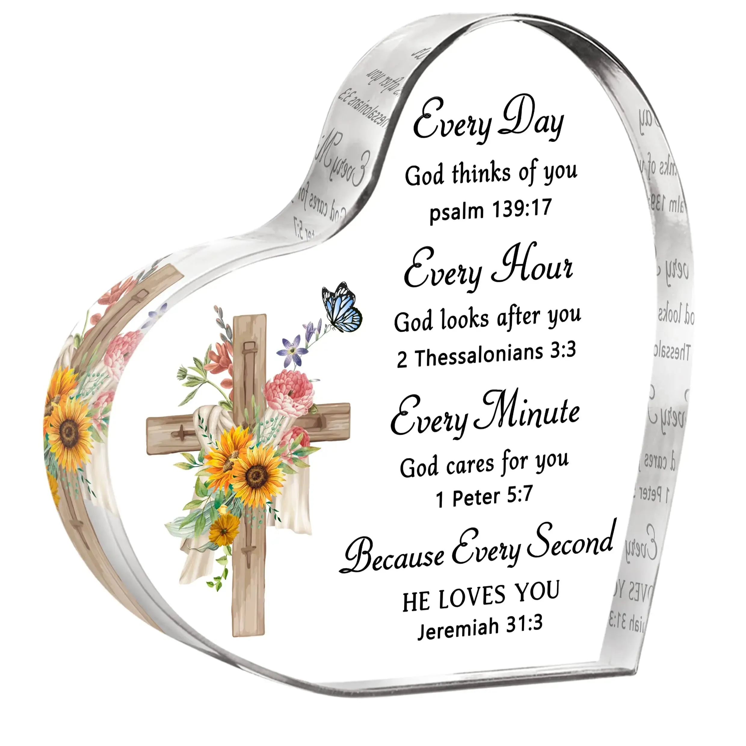 Cross Flower Butterfly Print Acrylic Heart Plaque Christian Spiritual Gift for Bestie Mom Friend Keepsake Table Desk Decoration