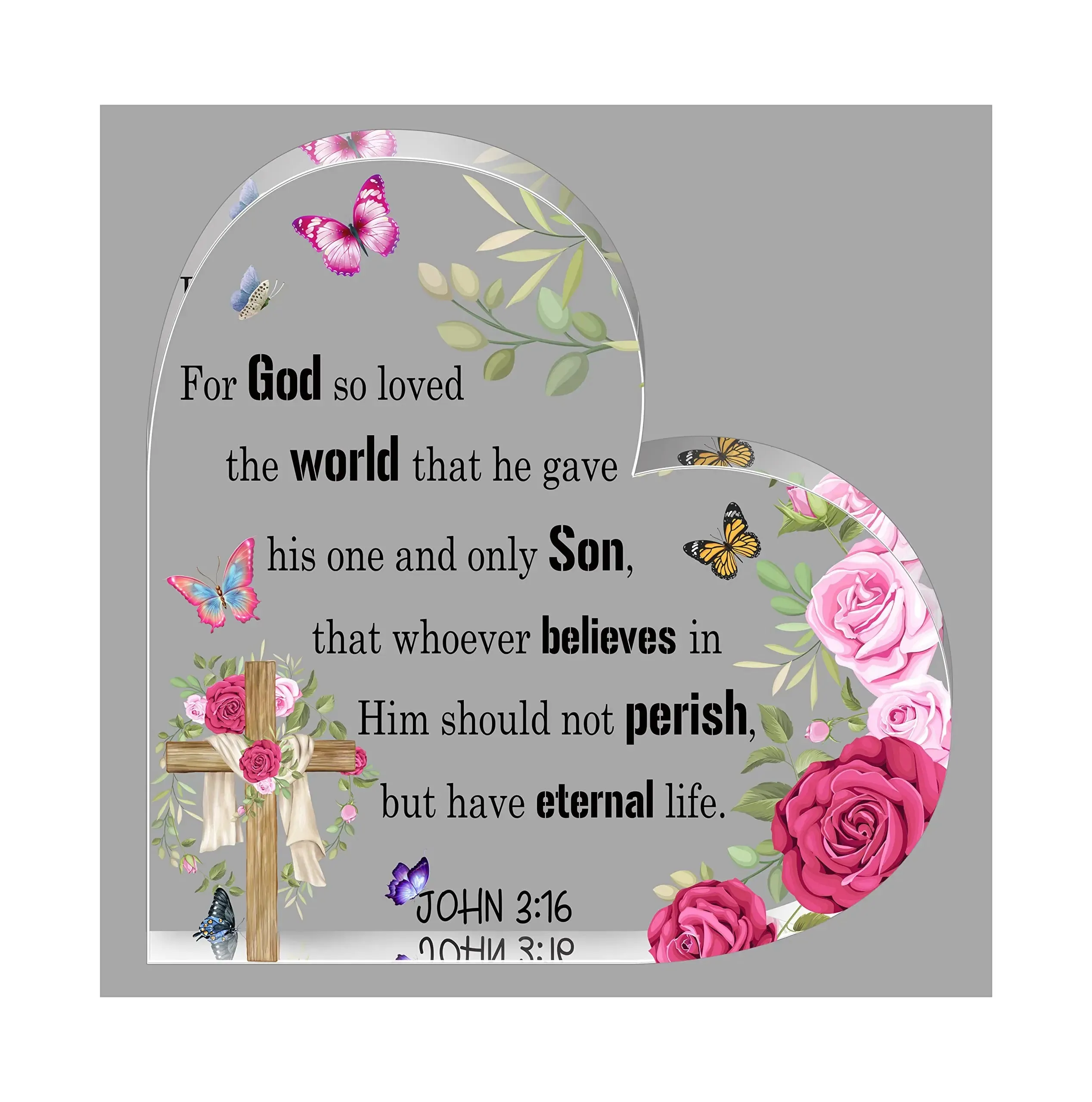 Cross Flower Butterfly Print Acrylic Heart Plaque Christian Spiritual Gift for Bestie Mom Friend Keepsake Table Desk Decoration
