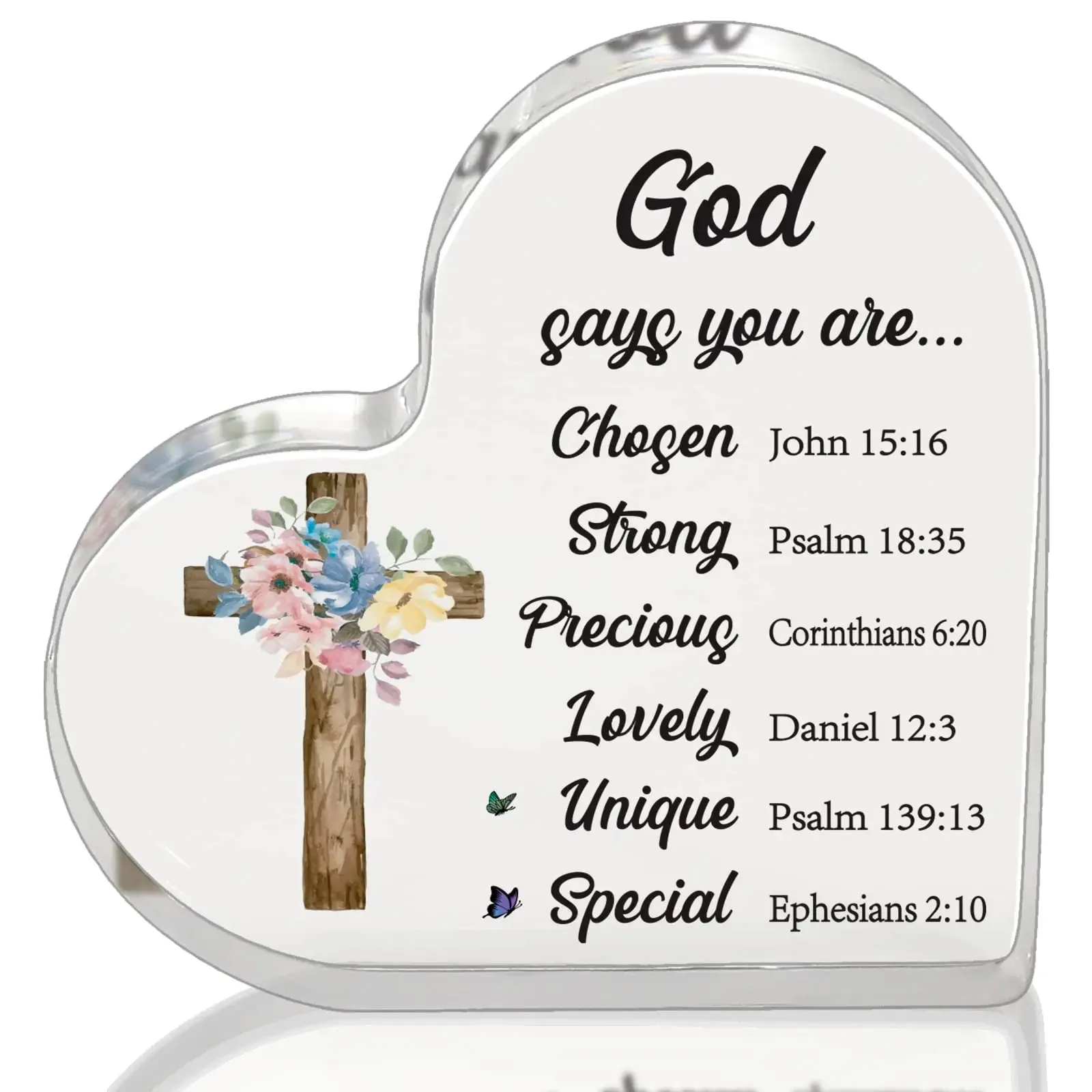 Cross Flower Butterfly Print Acrylic Heart Plaque Christian Spiritual Gift for Bestie Mom Friend Keepsake Table Desk Decoration