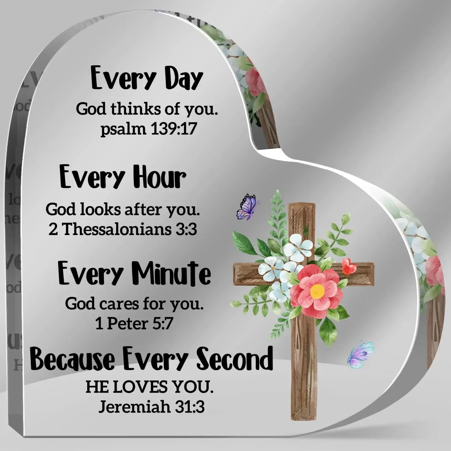 Cross Flower Butterfly Print Acrylic Heart Plaque Christian Spiritual Gift for Bestie Mom Friend Keepsake Table Desk Decoration