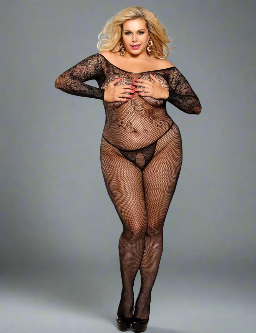 Crotchless Fishnet Bodystocking with Floral Pattern by Scandals | Elegant One-Shoulder Design