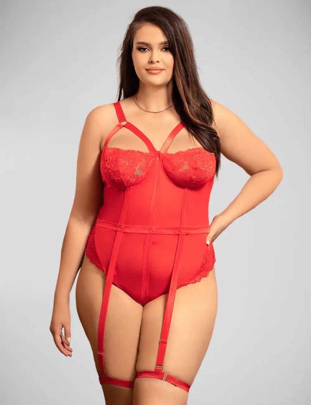 Demi Cup Bust One Piece Teddy with Snap Crotch & Leg Garters by Scandals