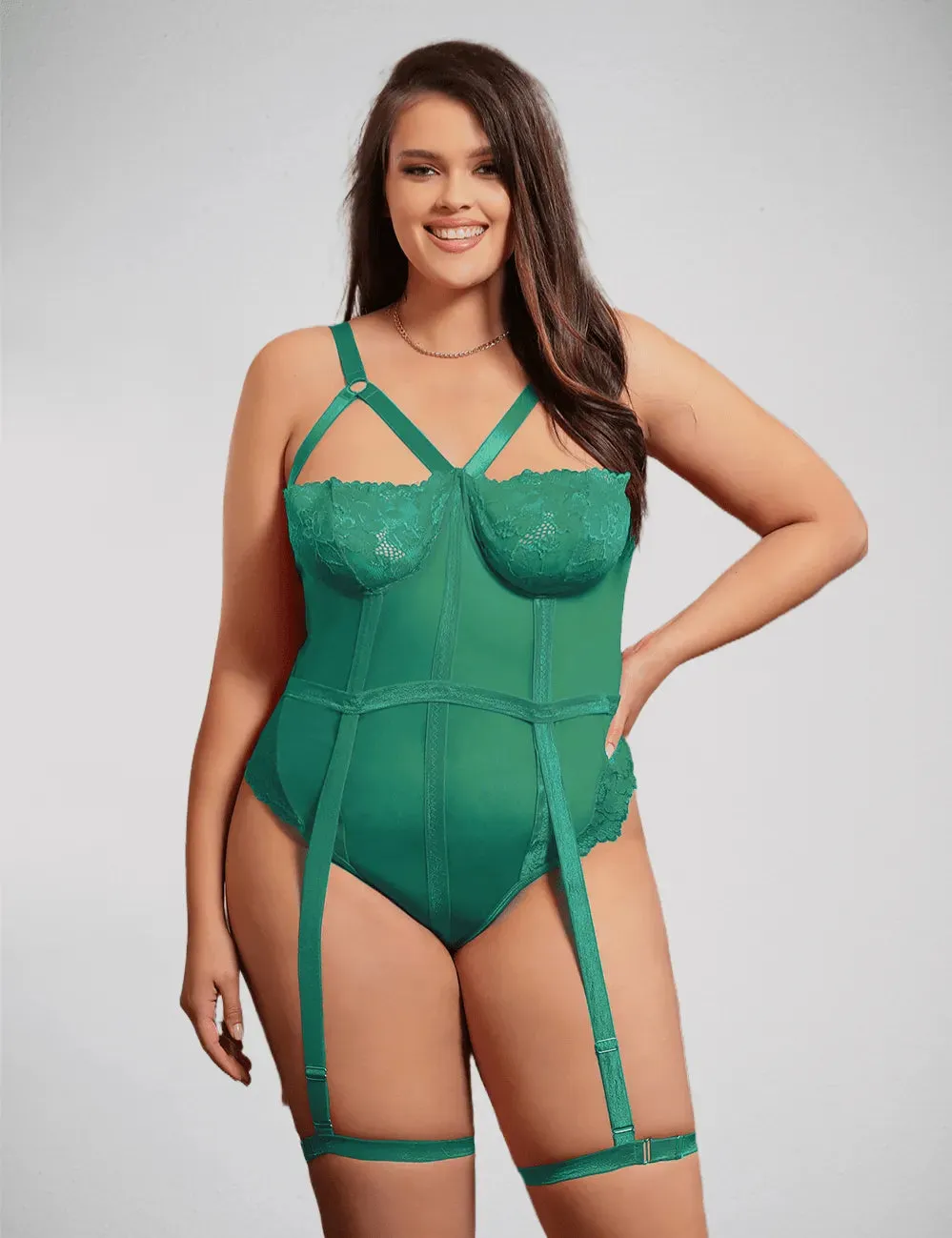 Demi Cup Bust One Piece Teddy with Snap Crotch & Leg Garters by Scandals