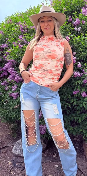 Denim & Diamonds Rhinestone Chain Ripped Cut Out Jeans