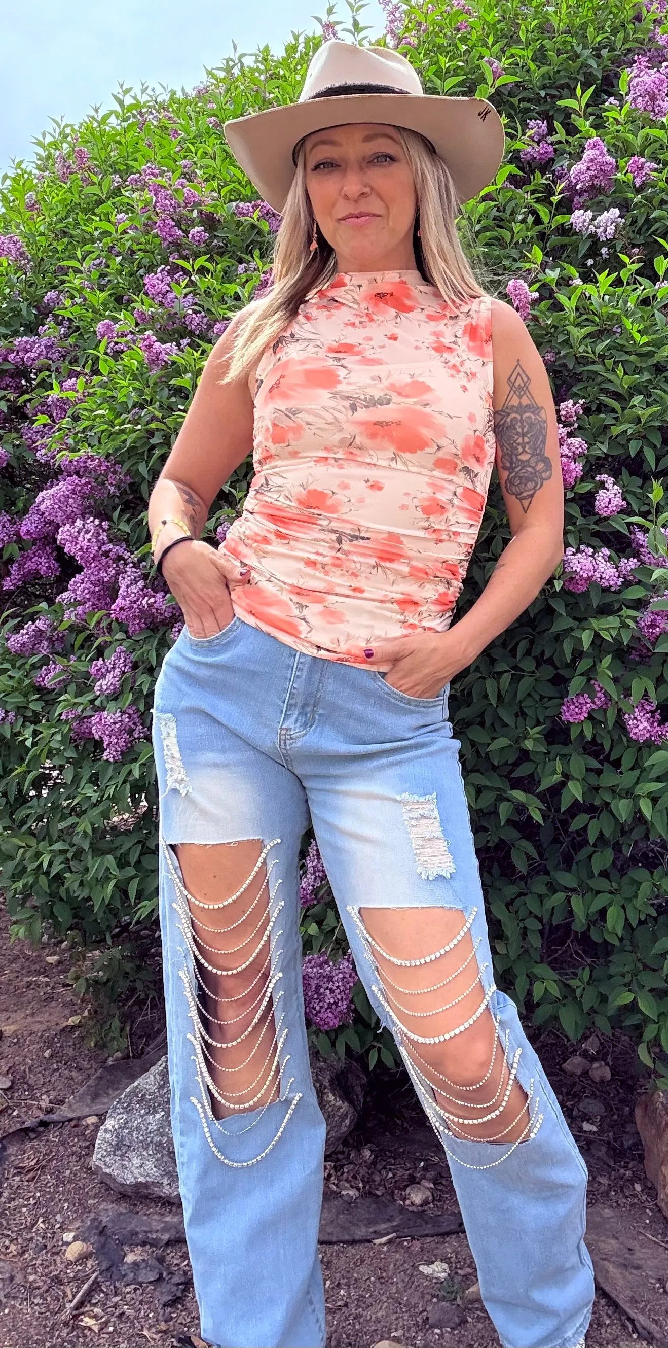 Denim & Diamonds Rhinestone Chain Ripped Cut Out Jeans