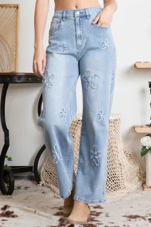 Denim Flower Patched Elastic Waist Stretchy Blue Velvet Pants 2/14/25 9627