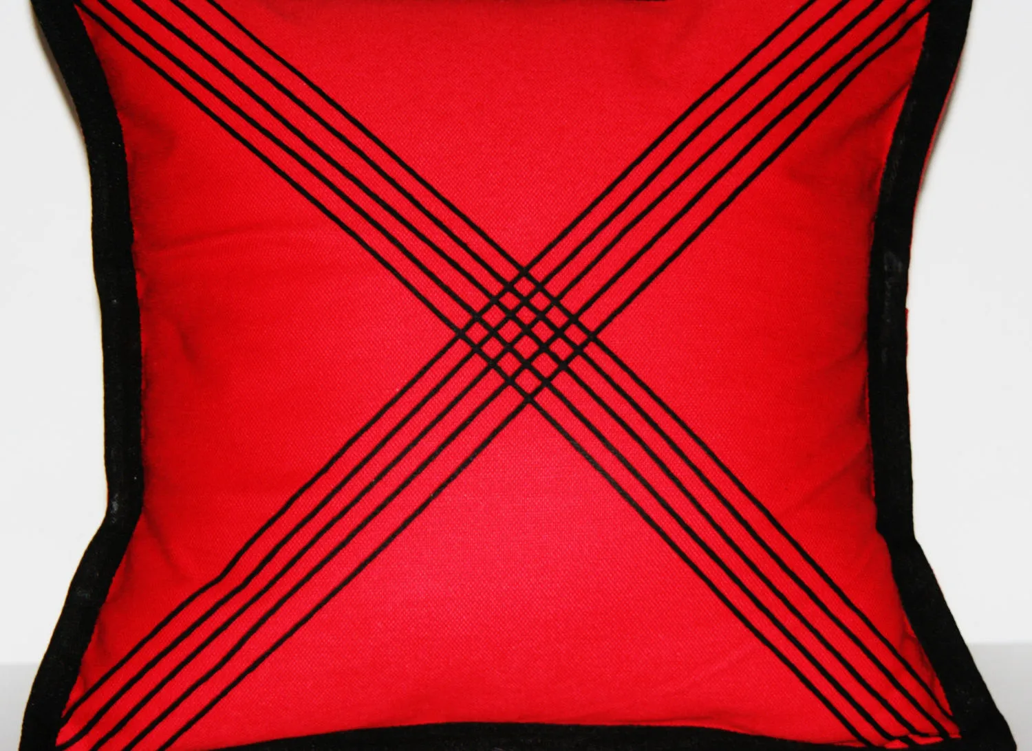 Designer African Tribal Pillow Red Black Applique Design Crossing Paths 16" X 16.5"