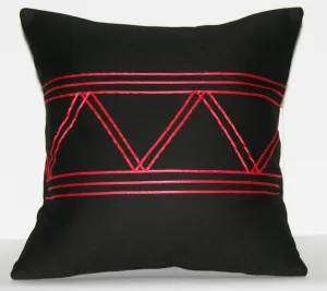 Designer African Xhosa Tribal Black Pillow Red Applique Triangle Design 16" X 16.5"