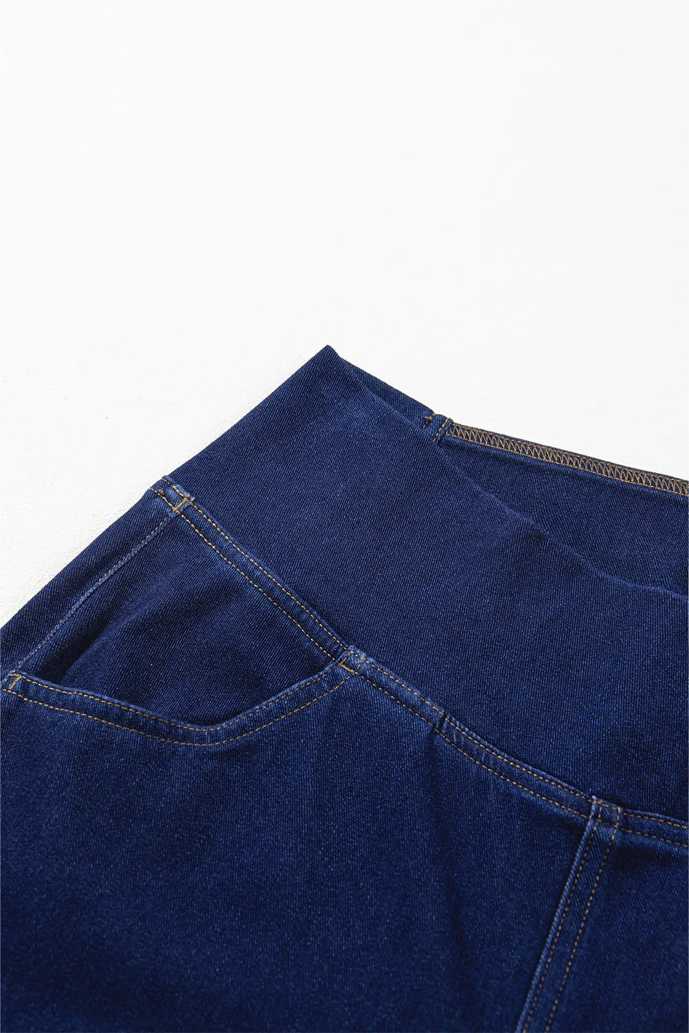 Dusk Blue Solid Crossed Waist High Elastic Fit Flare Knit Jeans