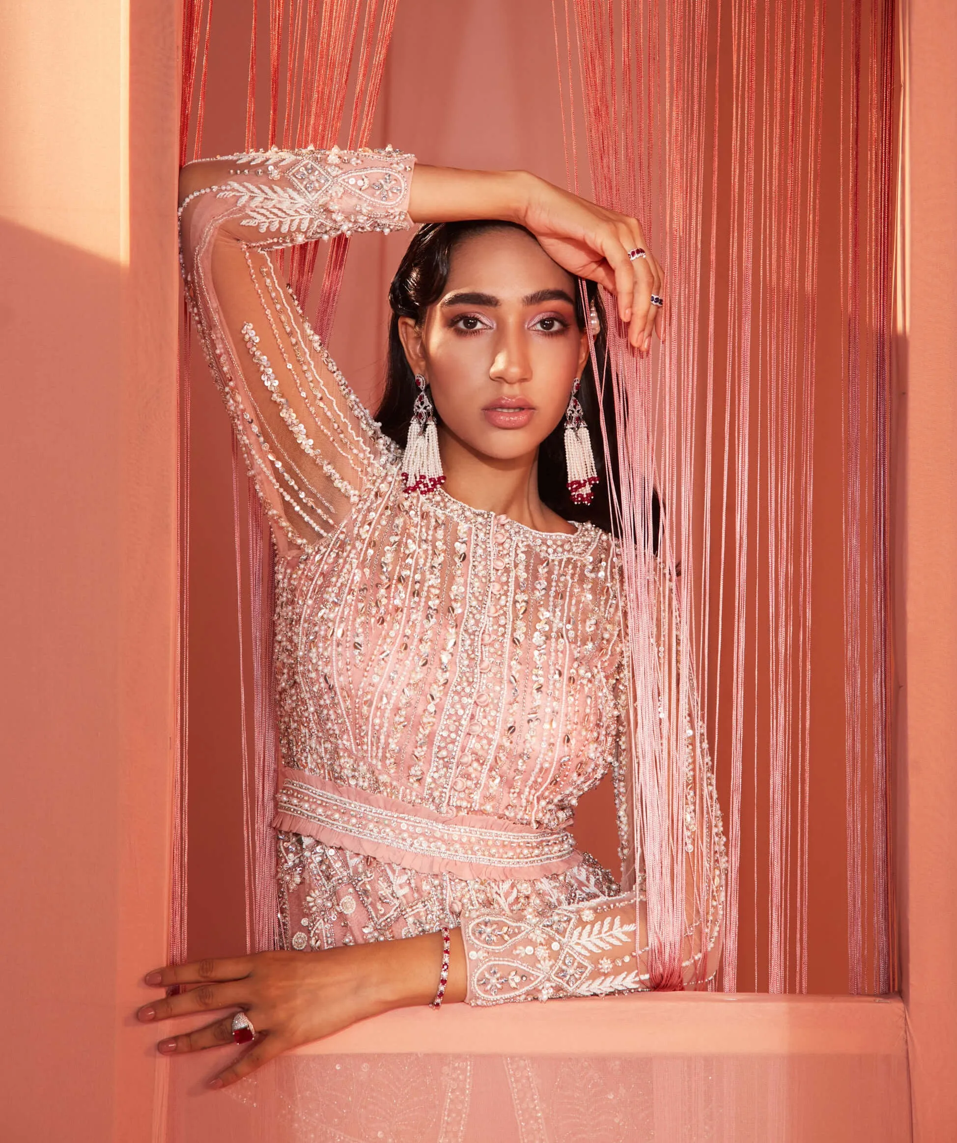 Dusty Pink Embroidered Peplum Top and Bell Bottoms