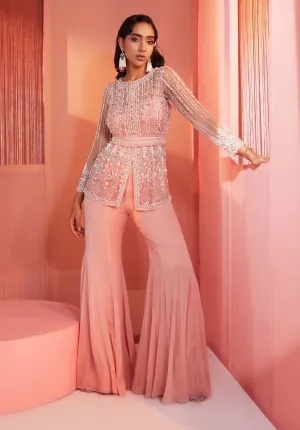 Dusty Pink Embroidered Peplum Top and Bell Bottoms