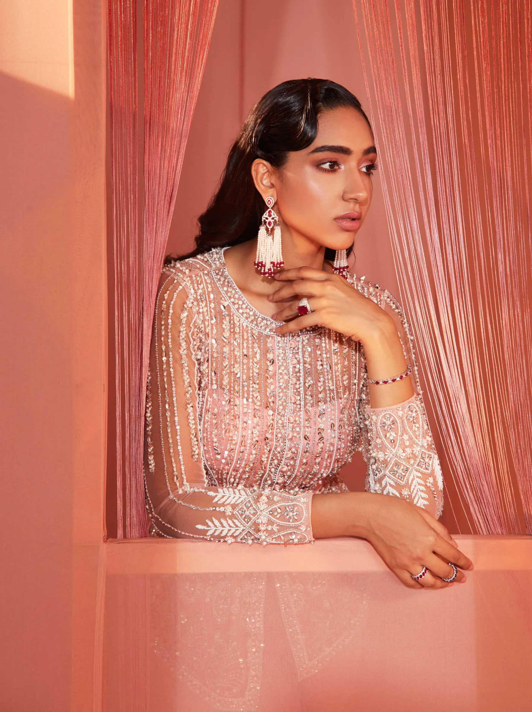 Dusty Pink Embroidered Peplum Top and Bell Bottoms