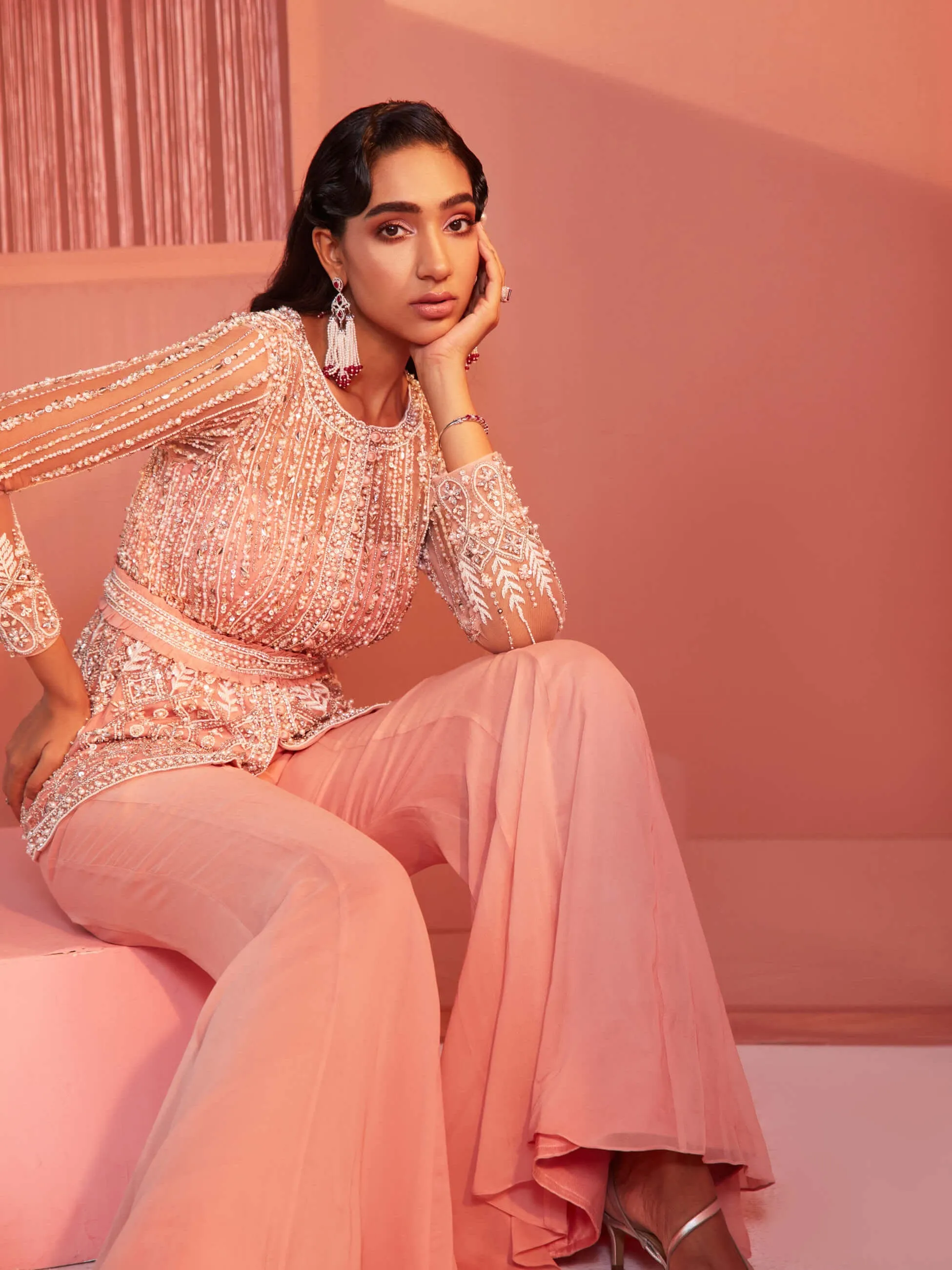 Dusty Pink Embroidered Peplum Top and Bell Bottoms