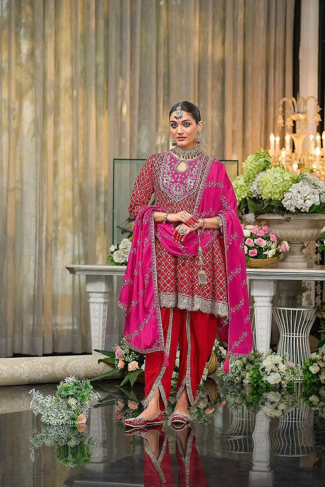 Elegant Red and Pink Embroidered Punjabi Suit Set